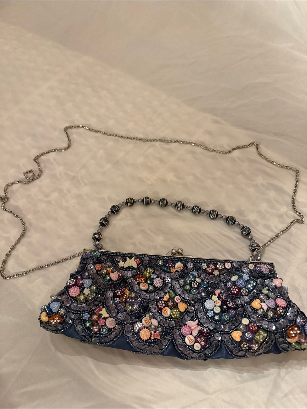 Beaded Multicolor Navy Evening Clutch with Chain Strap